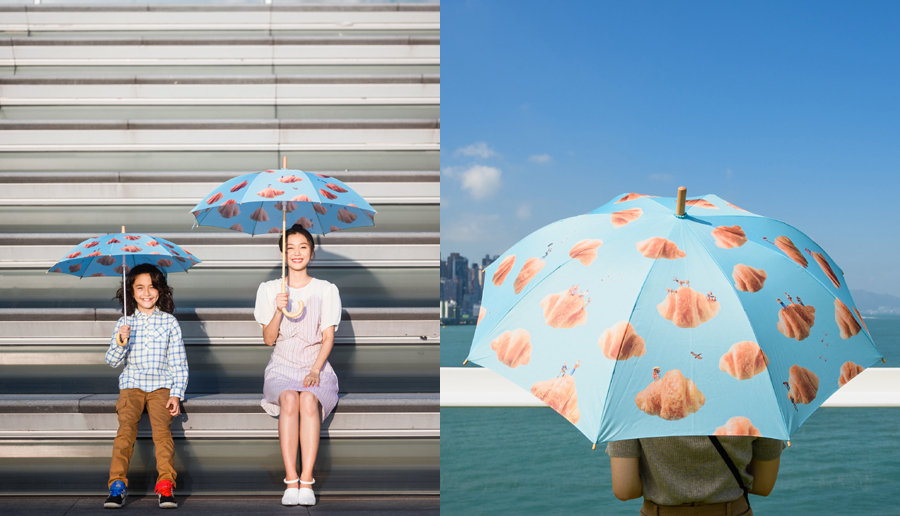 海港城與日本微型藝術家及攝影師田中達也（Tatsuya Tanaka）合作，設計「牛角包雲」雨傘。