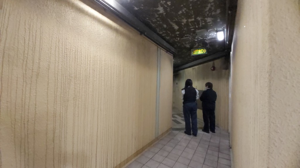起火樓層的走廊天花及牆身嚴重熏黑。
