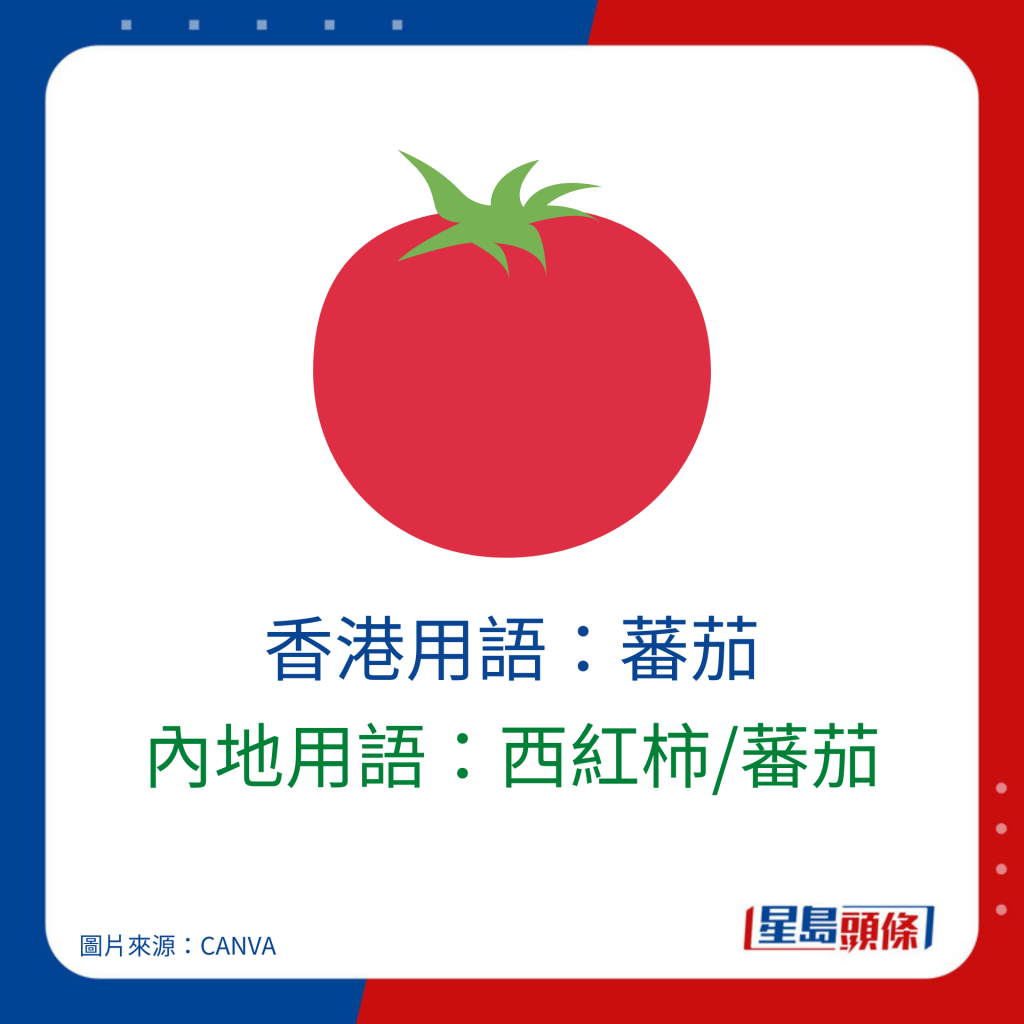 普通話廣東話詞匯對照｜香港用語：蕃茄 內地用語：西紅柿/蕃茄