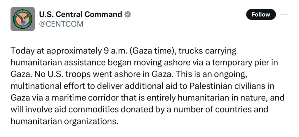 美国中央司令部（CENTCOM）宣布运送救援物资的货车进入加沙。