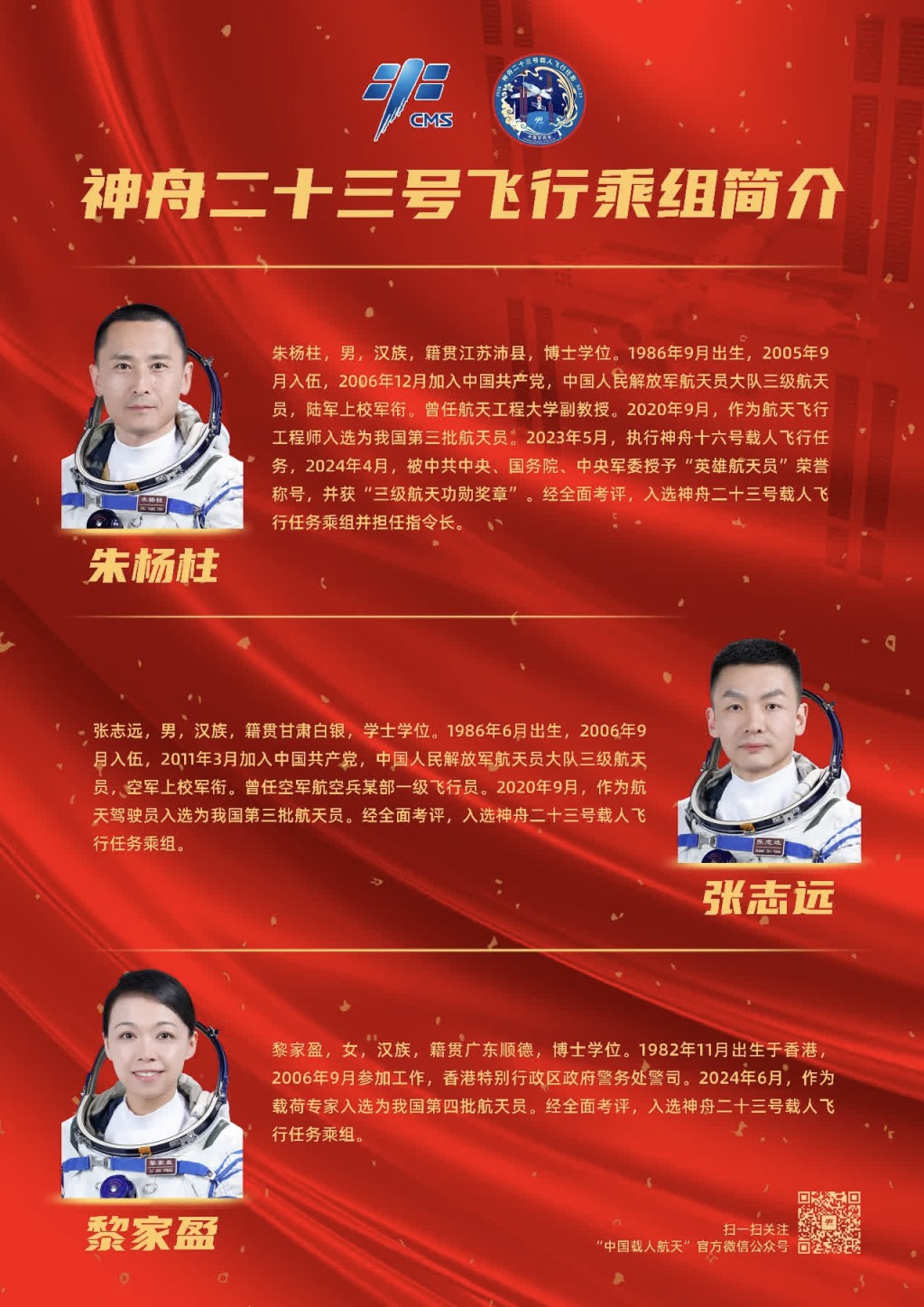 神舟二十三号飞船的3名太空人的简介。