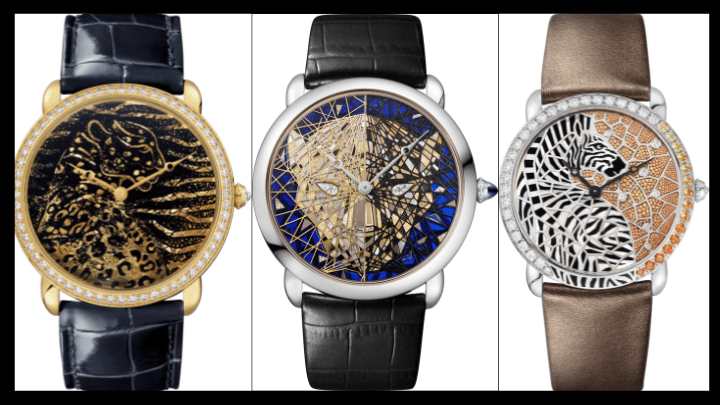 左/Ronde Louis Cartier Fragmentation D'or; 中/ Ronde Louis Cartier Éclate de Panthère; 右/Ronde Louis Cartier Zèbre et Girafe.。