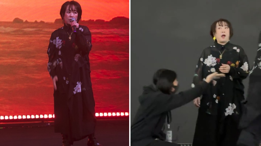 大槻真希在台上演出時，音樂和燈效突然中斷。