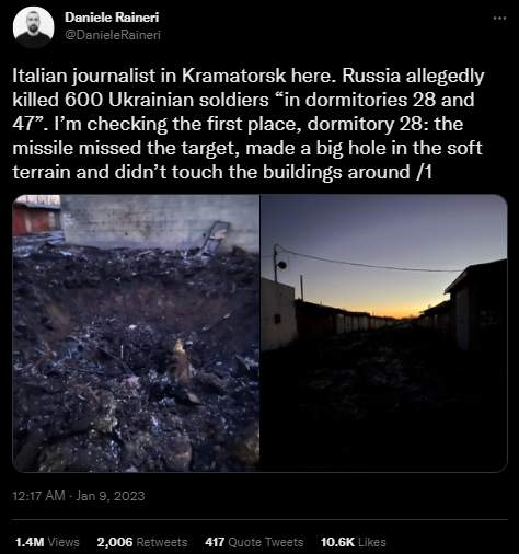 意大利記者指俄方的襲擊似乎打歪了，沒有擊中建築物本身。
