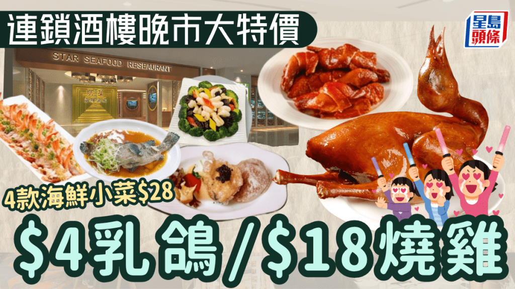 連鎖酒樓晚市大特價！震撼價$4起歎乳鴿、燒雞 自選4款海鮮小菜$28