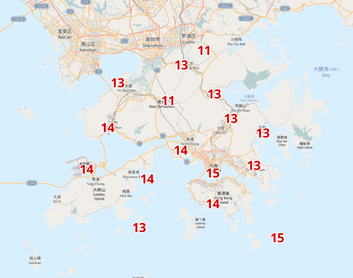 根據自動分區天氣預報，下周日石崗及打鼓嶺兩區低見11度。天文台網頁截圖