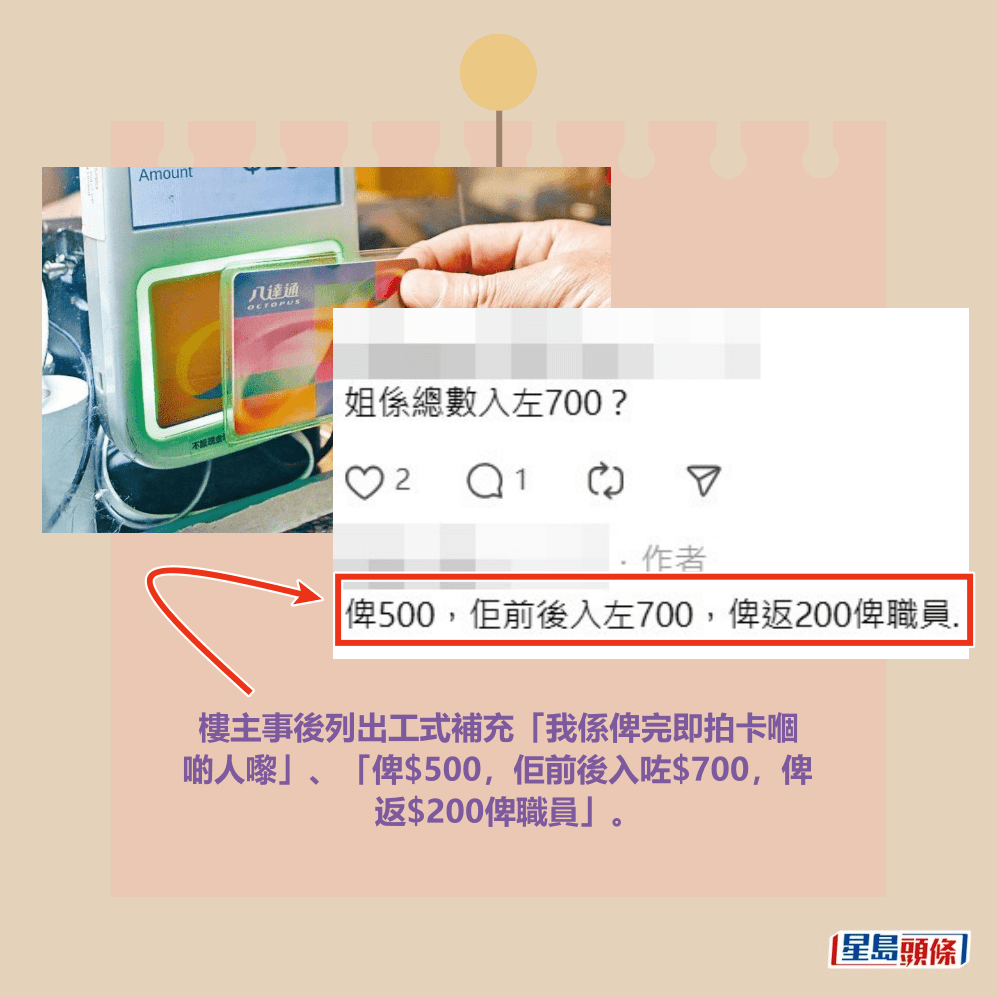 樓主事後列出工式補充「我係俾完即拍卡嗰 啲人嚟」、「俾$500,佢前後入咗$700,俾 返$200俾職員」。Threads截圖及資料圖片 樓主事後列出工式補充「我係俾完即拍卡嗰 啲人嚟」、「俾$500,佢前後入咗$700,俾 返$200俾職員」。Threads截圖及資料圖片