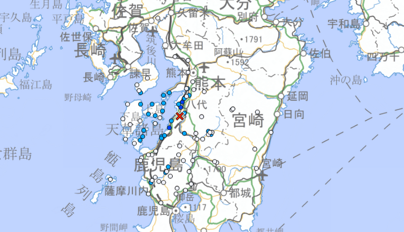 熊本再傳規模4.3極淺層地震。日本氣象廳官網