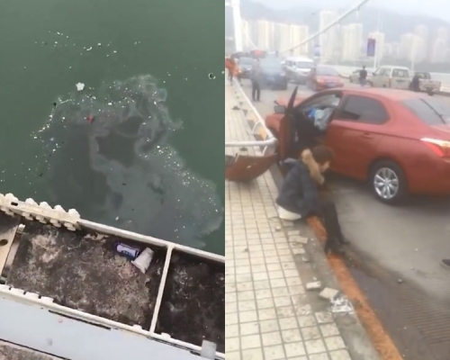 涉事私家車及女司機(右圖),而海面留有油污。網圖