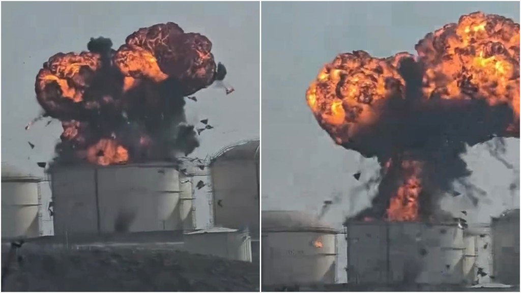 阿曼最大港口薩拉拉（Salalah）石油儲存設施被無人機炸出大火球。 X@Fahadnaimb