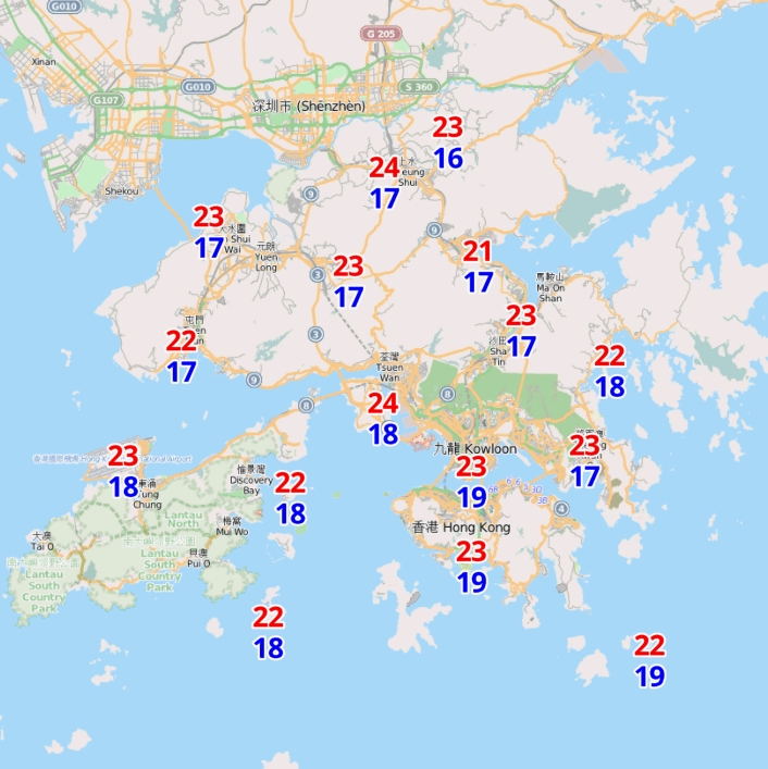 11月8日的各區分區氣溫預測。天文台網頁截圖