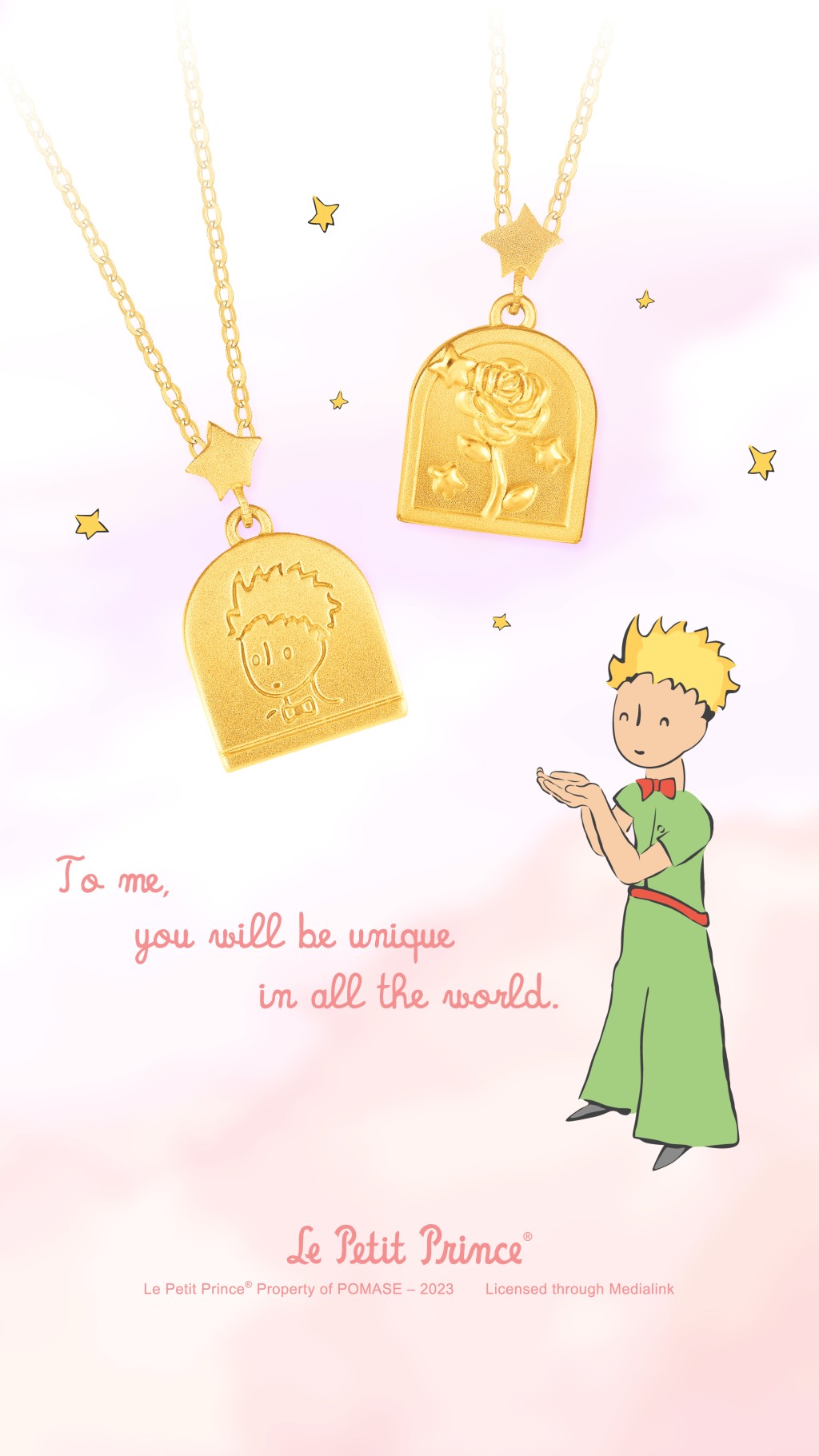 正面及背面分別是小王子及玫瑰花圖案的足金項鏈/每條/$2,700。