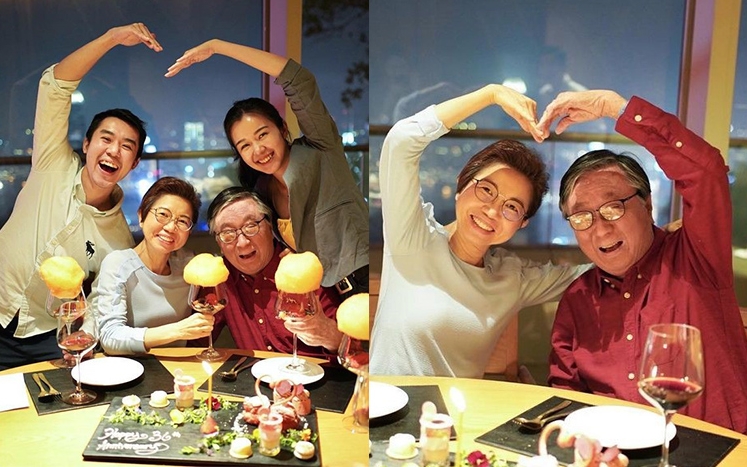 麥明詩一家四口聚餐補祝父母結婚36週年，又教兩老擺出心形pose影相，非常有愛。