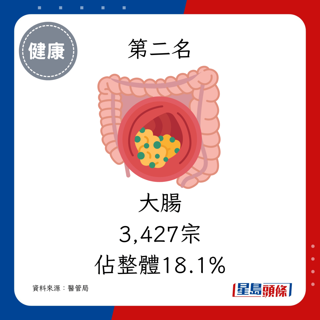 2. 大腸（3,427宗，佔整體18.1%）