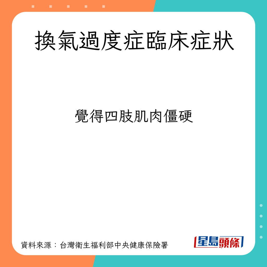 換氣過度症臨床症狀：覺得四肢肌肉僵硬