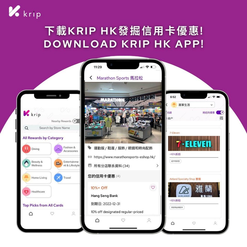 krip HK展示全港三千家商户、四百八十张香港信用卡及扣帐卡，合共超过六千项优惠。