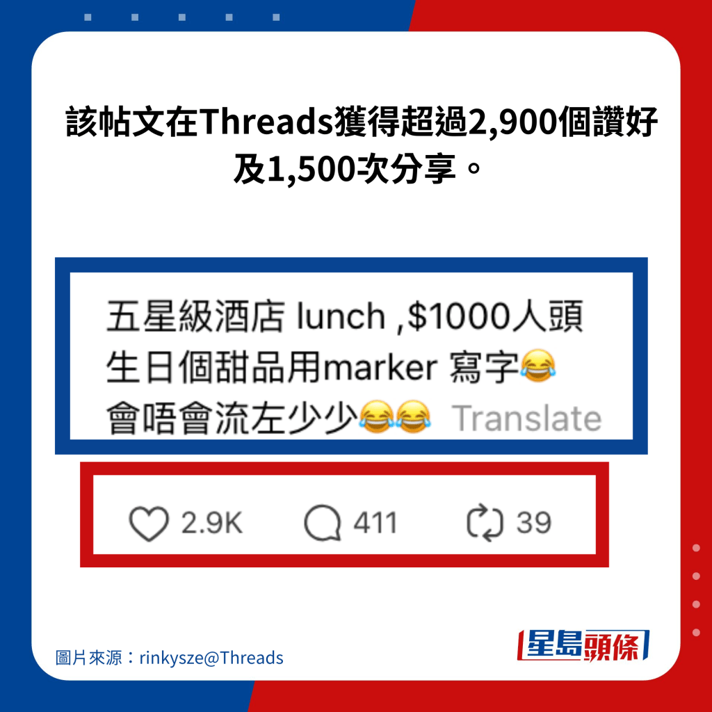 该帖文在Threads获得超过2,900个赞好及1,500次分享。