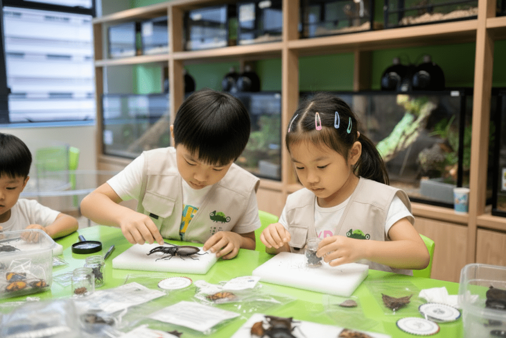 甲蟲標本班近距離觀察不同種類的甲蟲標本，學習標本保存原理及安全觀看方法，亦有安全昆蟲示範接觸。  （圖片來源：My Mini Zoo）