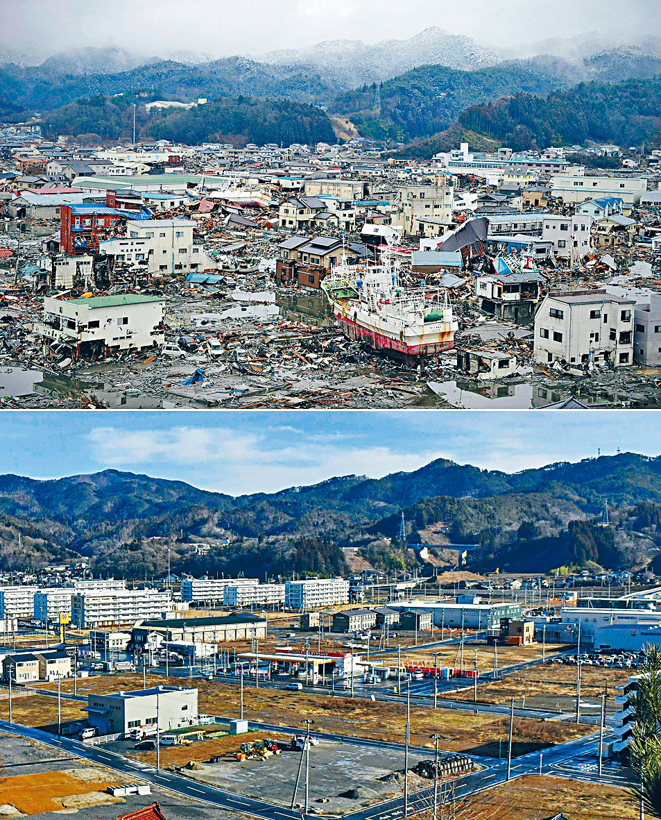 十年前海嘯席捲宮城縣氣仙沼市,許多房屋被沖毀,船也被沖進房屋群中。如今該處已經重建。