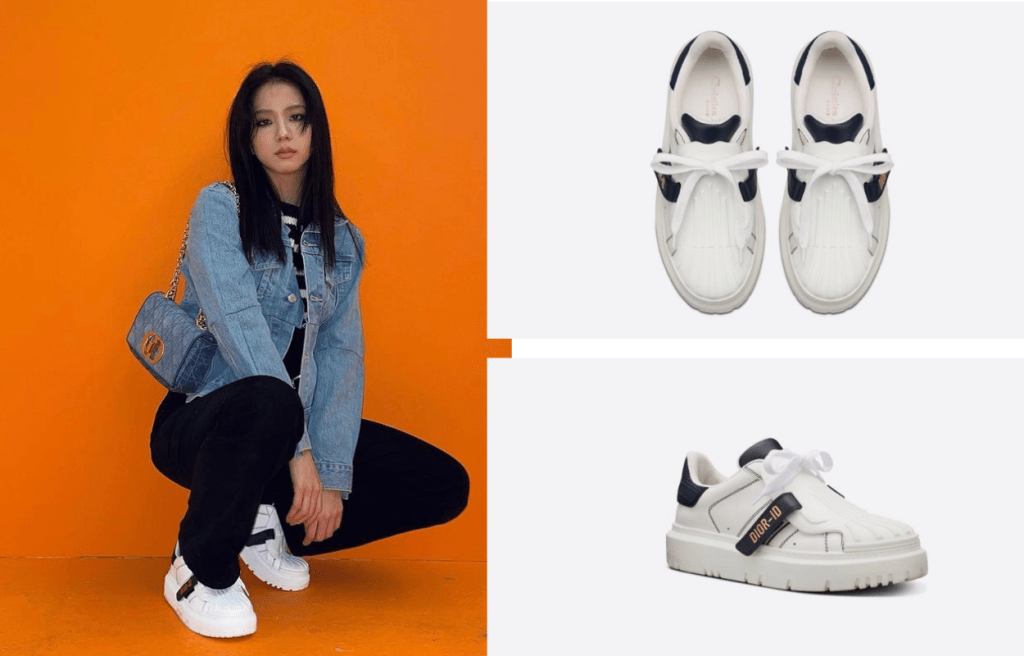 韓國歌星金智秀以Dior的DIOR-ID運動鞋/$9,400配襯牛仔褸、長褲及Flap Bag。此鞋履設計充滿現代風格,極具個性,鞋帶隱藏於對比色縫綫與紋理橡膠鑲片之下,而黏貼鞋舌飾以金色的「DIOR-ID」標誌。