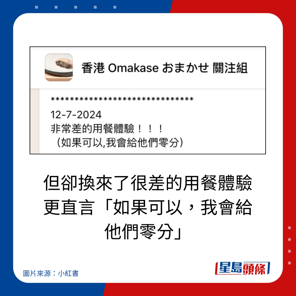 但卻換來了很差的用餐體驗 更直言「如果可以，我會給 他們零分」