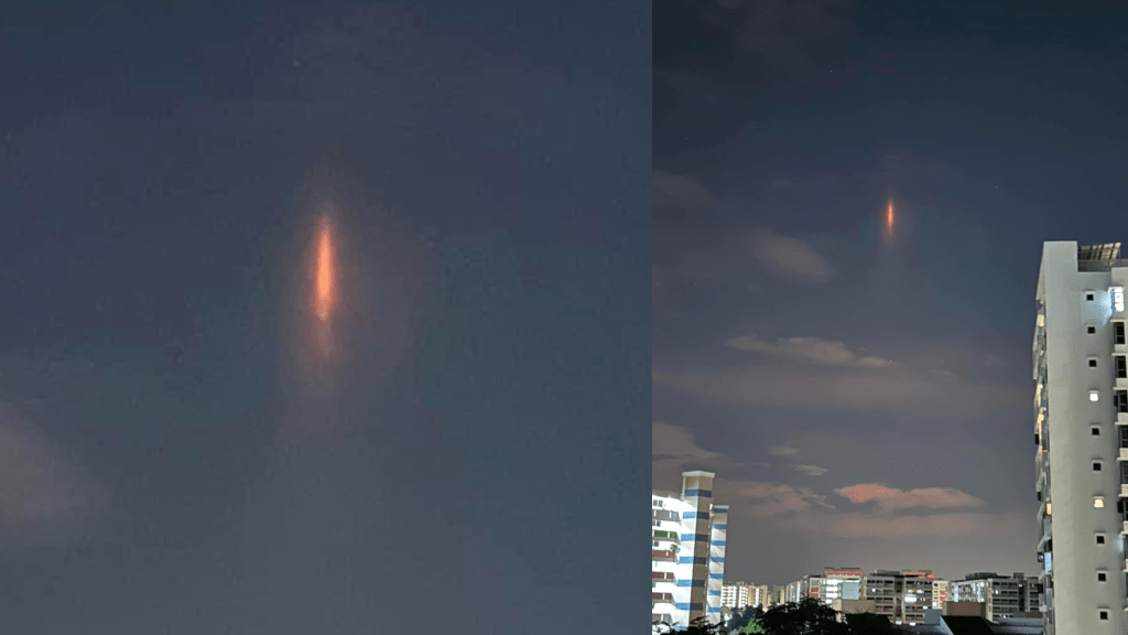 新加坡網友拍下天空中的「垂直閃爍橙光」引發熱議。 facebook