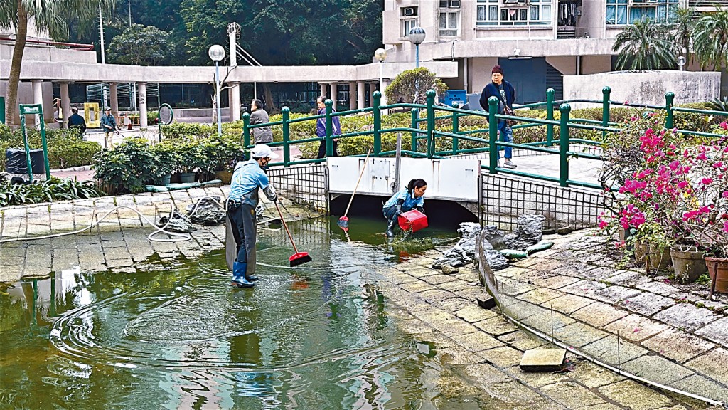 《星岛》记者昨早到景林邨了解，发现多名工人清洗鱼池，数十条鱼被移往另一个水池。