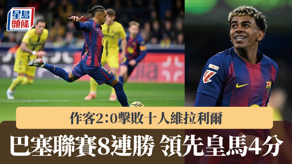 西甲｜巴塞2：0十人维拉利尔 联赛8连胜续领先皇马4分。路透社