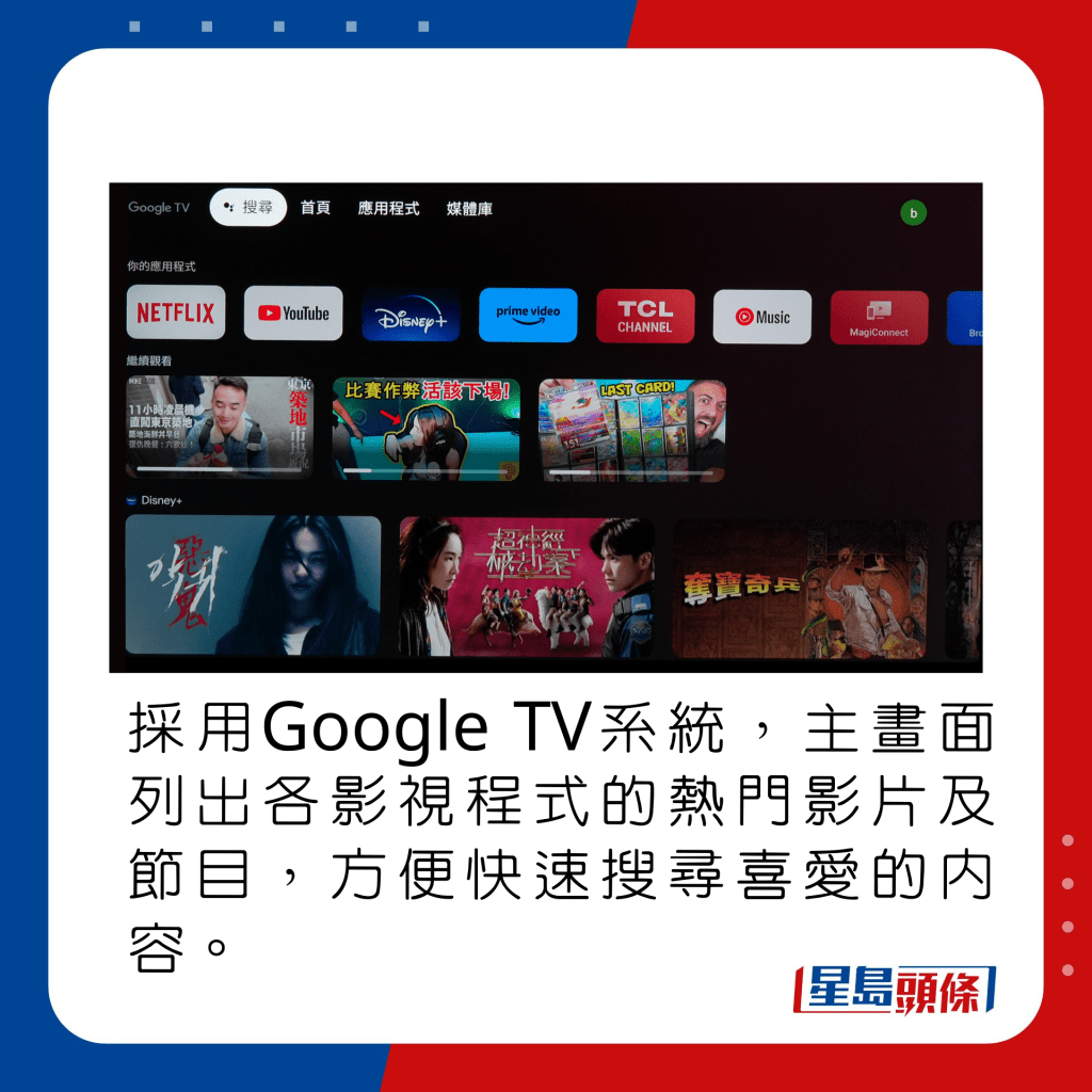 采用Google TV系统，主画面列出各影视程式的热门影片及节目，方便快速搜寻喜爱的内容。
