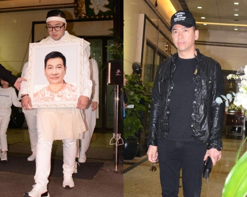 洪羅拔侄兒捧遺照;郭政鴻送別故友。