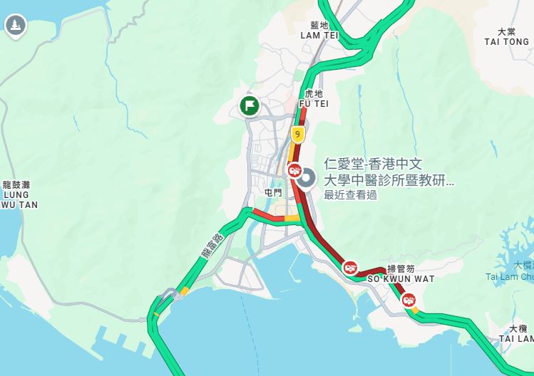 下午3時許，屯門公路往九龍方向交通嚴重擠塞。Google Map截圖