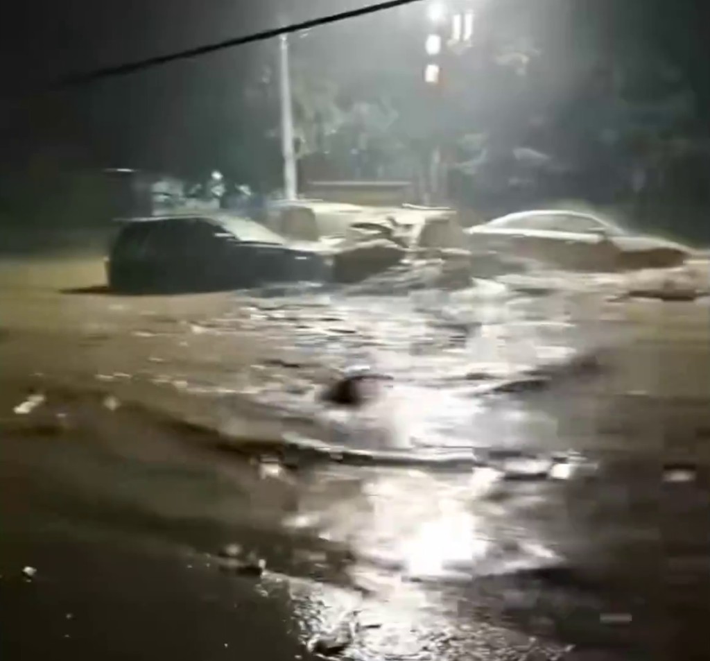 網上流傳影片可見，河道水漲周圍部分設施受損，車輛被沖走、路基被沖垮。