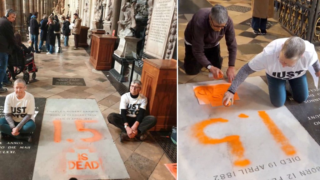 「停止石油」示威者塗污達爾文墓碑，抗議全球氣溫升破1.5°C。 Just Stop Oil