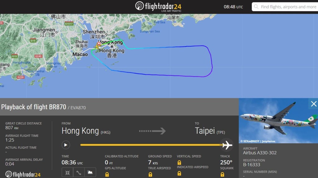 航班飛行一段距離後緊急折返。Flightrader24截圖