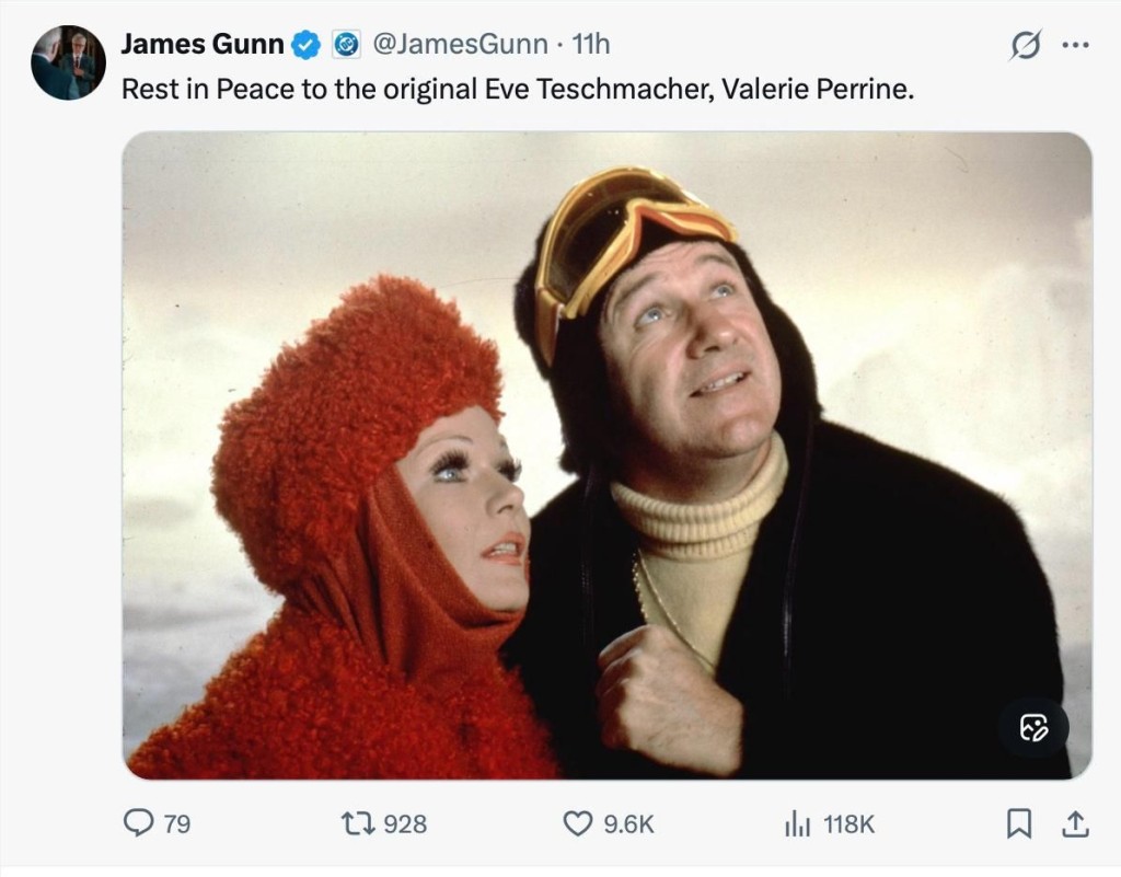新版《超人》導演James Gunn留言悼念Valerie。 新版《超人》導演James Gunn留言悼念Valerie。