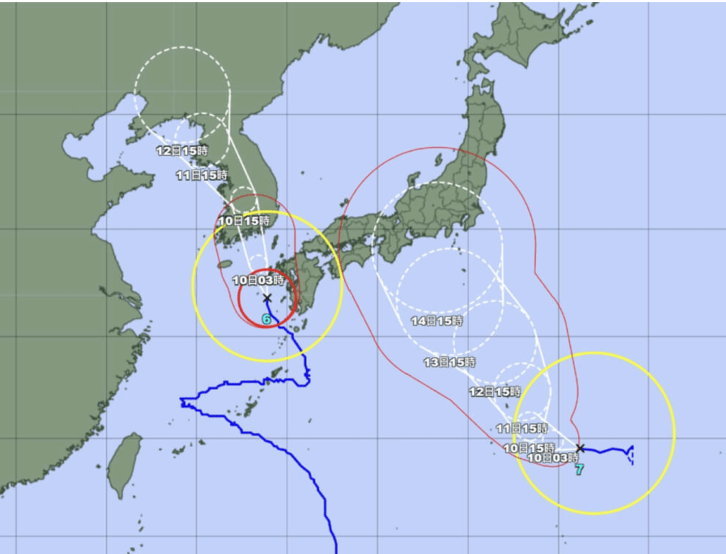 卡努颱風（左）正影響日本九洲和南韓。日本氣象廳