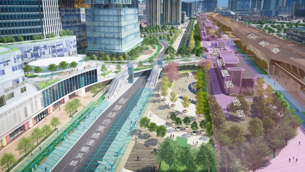 陳美寶日後擬建的區域廣場，貫通圖右的屯馬線、圖中央位於地底的洪前鐵路，以及圖左的智慧綠色集體運輸系統洪水橋站。陳美寶網誌圖片