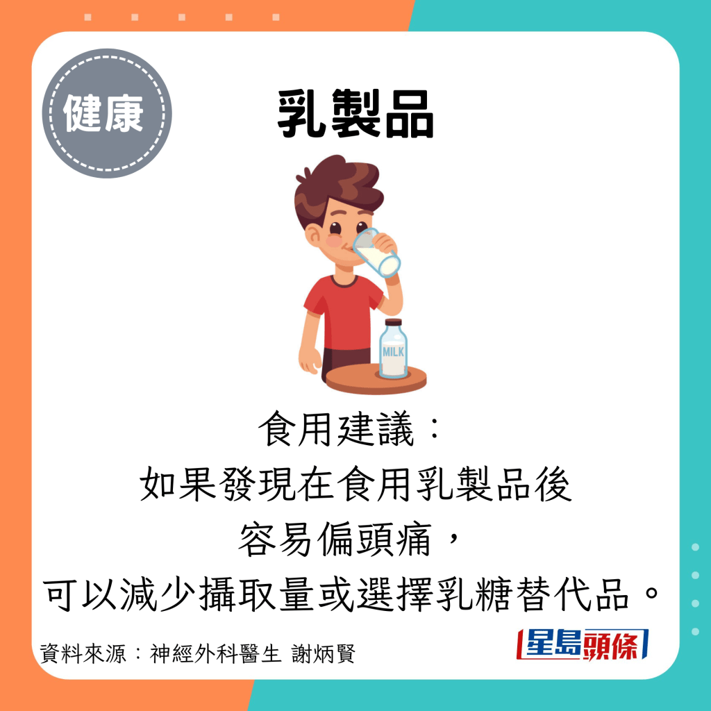 乳製品：食用建議： 如果發現在食用乳製品後 容易偏頭痛， 可以減少攝取量或選擇乳糖替代品。