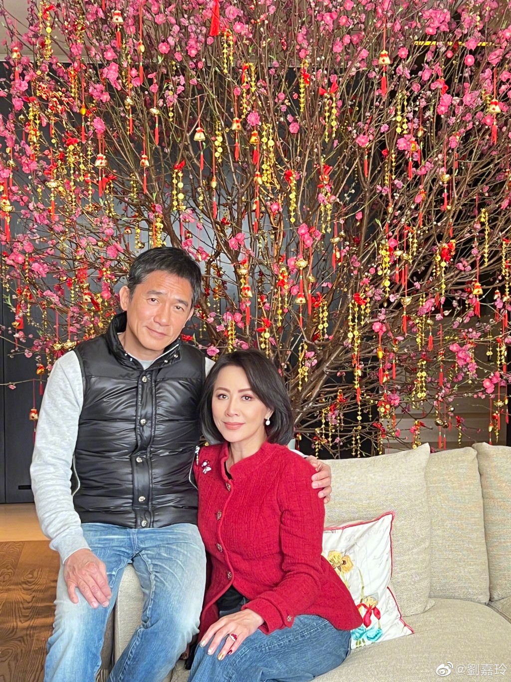 梁朝偉去年與劉嘉玲坐在桃花前影相，即連環在電影上獲獎。