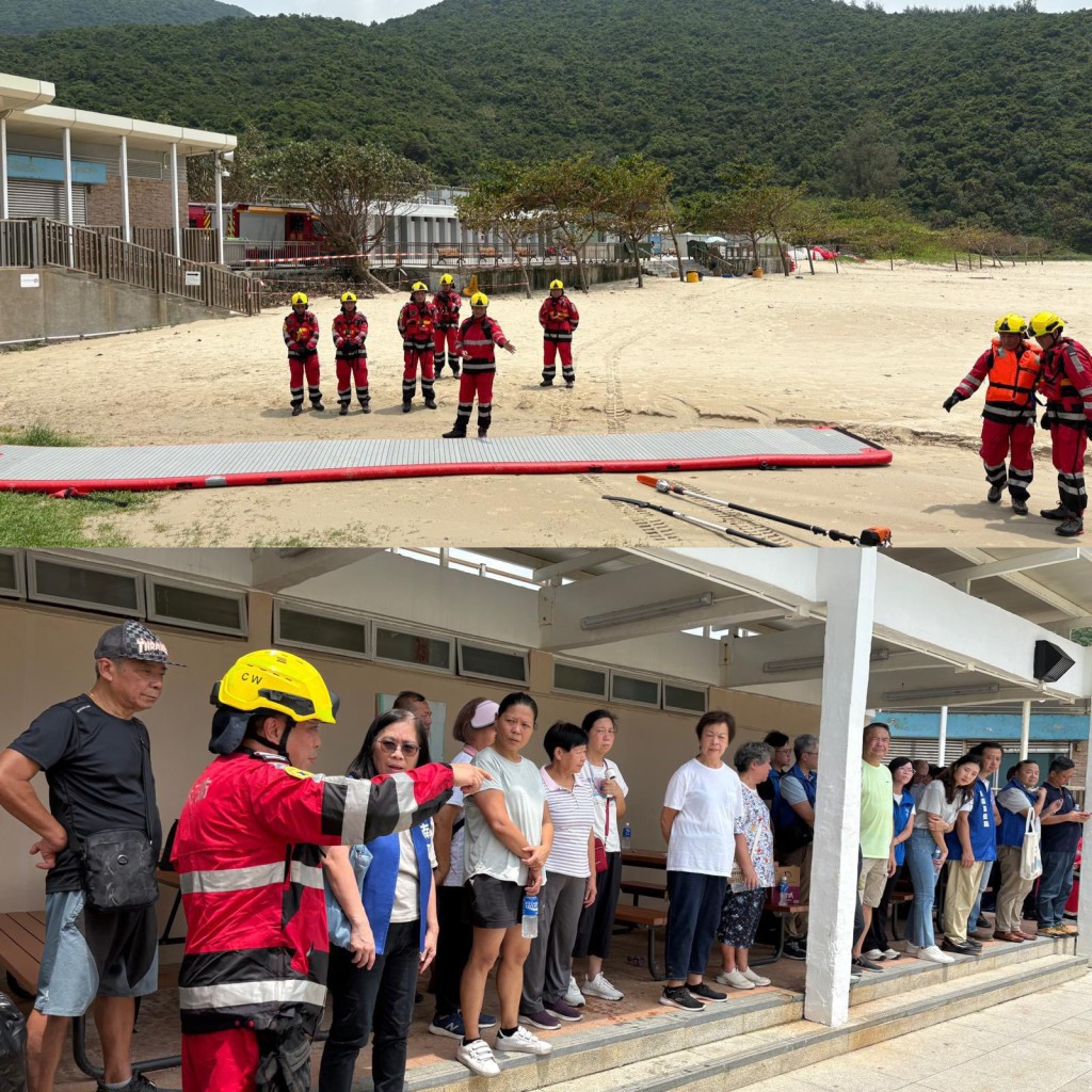 消防處聯同南區民政事務處和警務處在大浪灣村低窪地區與村民一起進行水浸救援演練。消防處FB圖片 消防處聯同南區民政事務處和警務處在大浪灣村低窪地區與村民一起進行水浸救援演練。消防處FB圖片