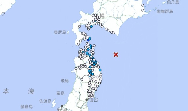 日本青森外海5.2級地震。日氣象廳網頁