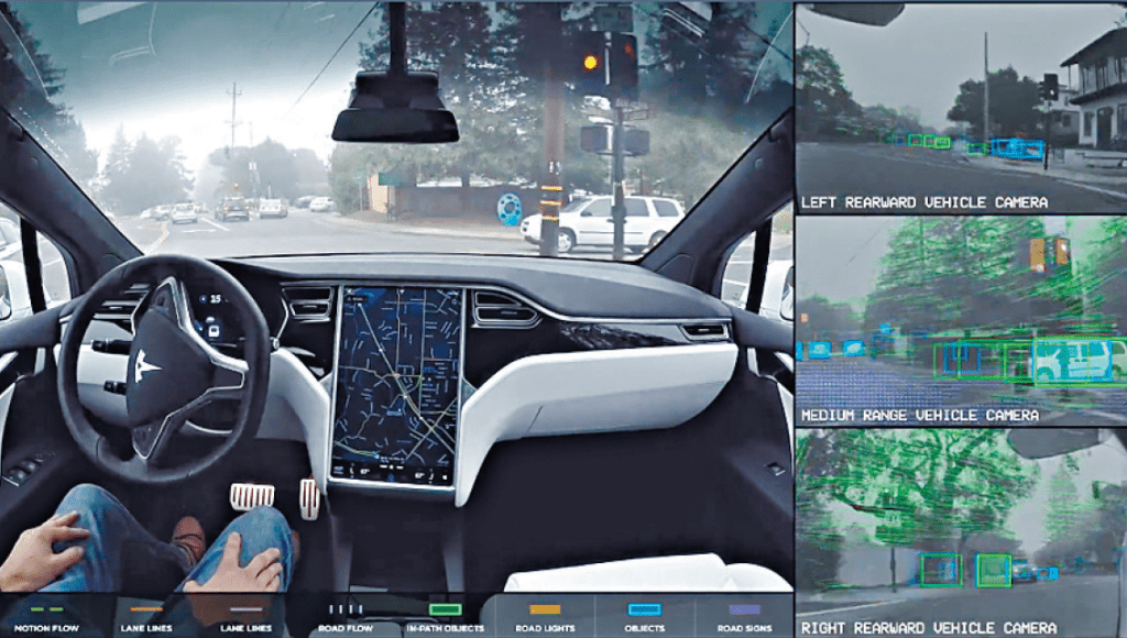 图右的方格就是电脑能够辨认到的东西。（Tesla官网图片）