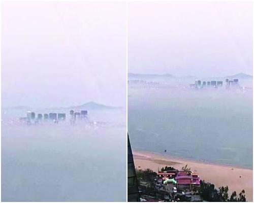 海市蜃樓見到一棟棟高樓在籠罩霧氣的海面上聳立,還見到燈火閃爍。網圖
