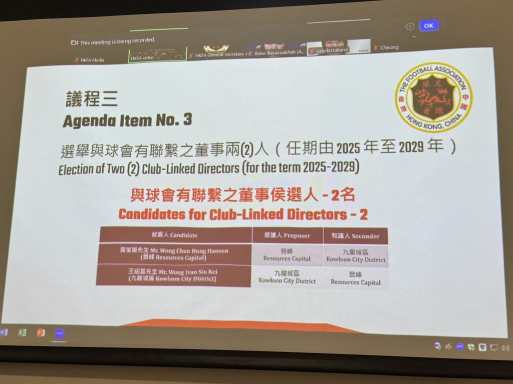 足總現有董事會成員不變。楊功煜攝