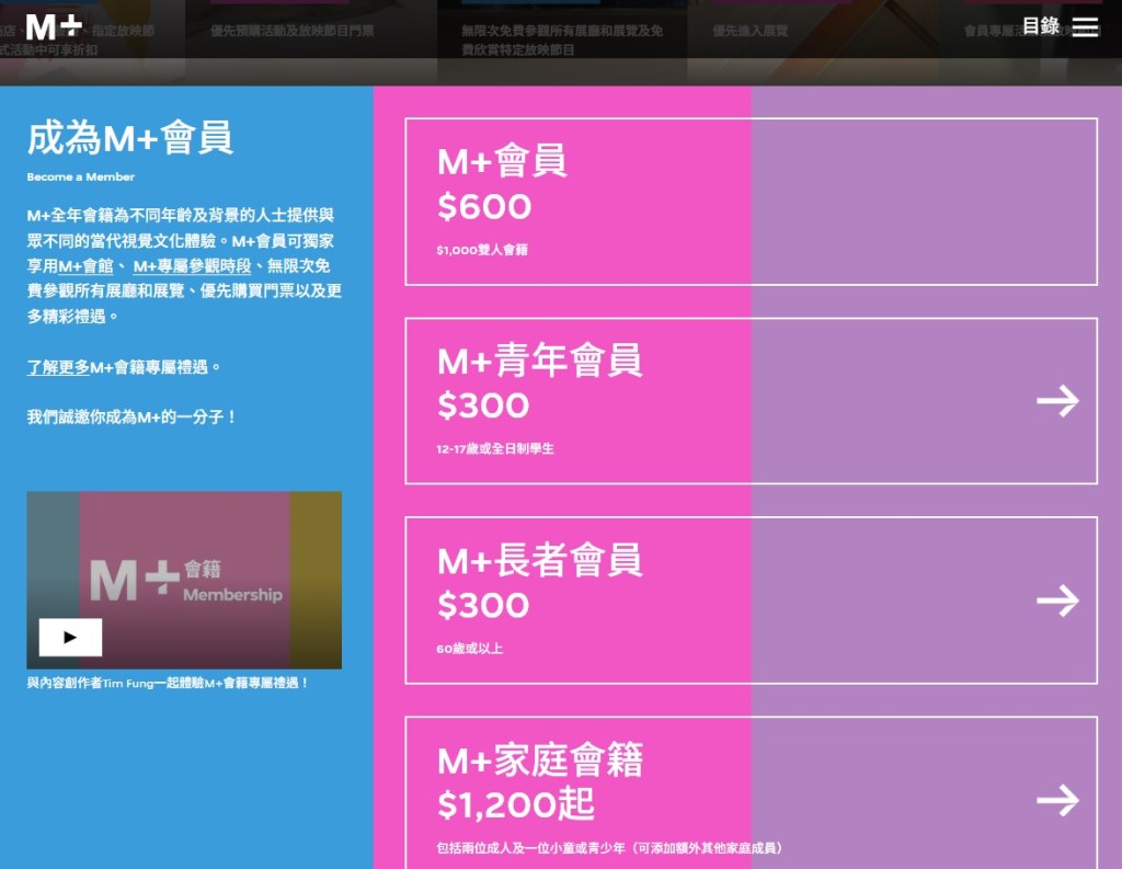 翻查M+網站，M+全年會籍600元；12至17歲或全日制學生青年、60歲或以上長者會員半價；家庭會籍1200元起。
