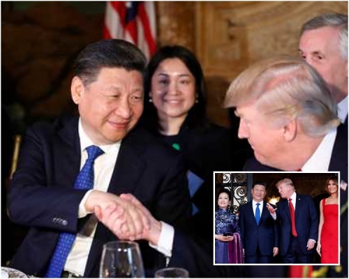 圖上,習近平與特朗普並排而坐並握手。圖下,特朗普及梅拉尼婭迎接習近平夫婦,4人合照後進入莊園。AP