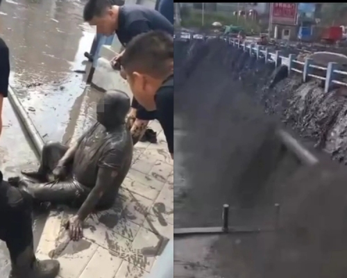 子長縣發生潰壩，導致大量「黑水」流下至縣城街道、河道。網圖