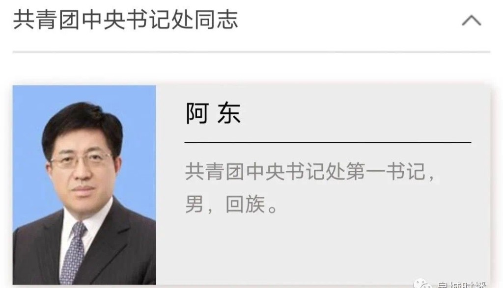 官方證實阿東任共青團中央第一書記。