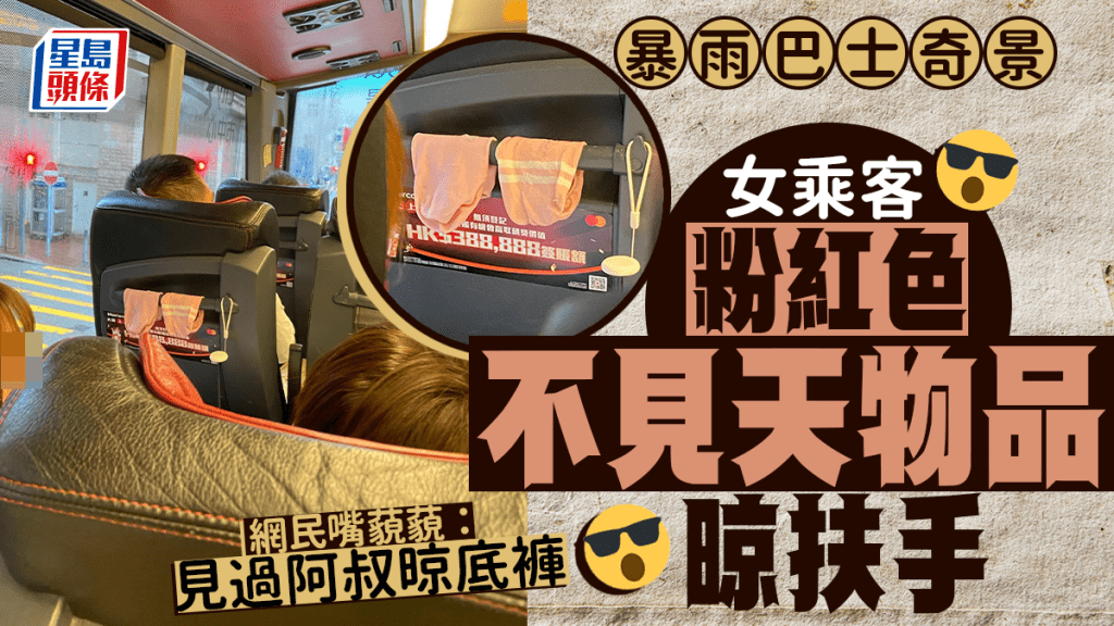 暴雨巴士奇景 女乘客「粉紅色不見天物品」晾扶手 網民嘴藐藐:見過阿叔晾底褲 暴雨巴士奇景 女乘客「粉紅色不見天物品」晾扶手 網民嘴藐藐:見過阿叔晾底褲