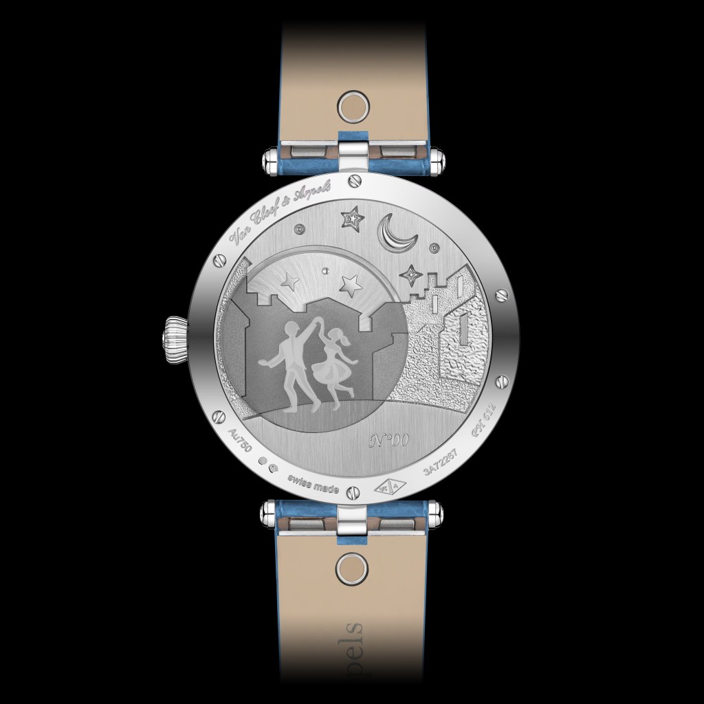 Van Cleef & Arpels Lady Arpels Bal des Amoureux Automate,錶底蓋亦鑄刻了戀人翩翩起舞的身影。 Van Cleef & Arpels Lady Arpels Bal des Amoureux Automate,錶底蓋亦鑄刻了戀人翩翩起舞的身影。